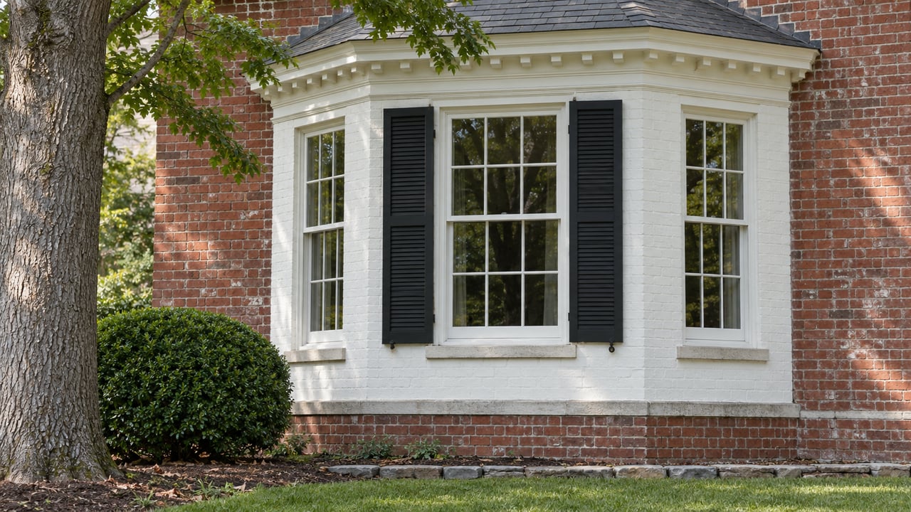 Red-brick house with a warm-white bay, black shutters, slate roof, clipped boxwood, and an oak tree.