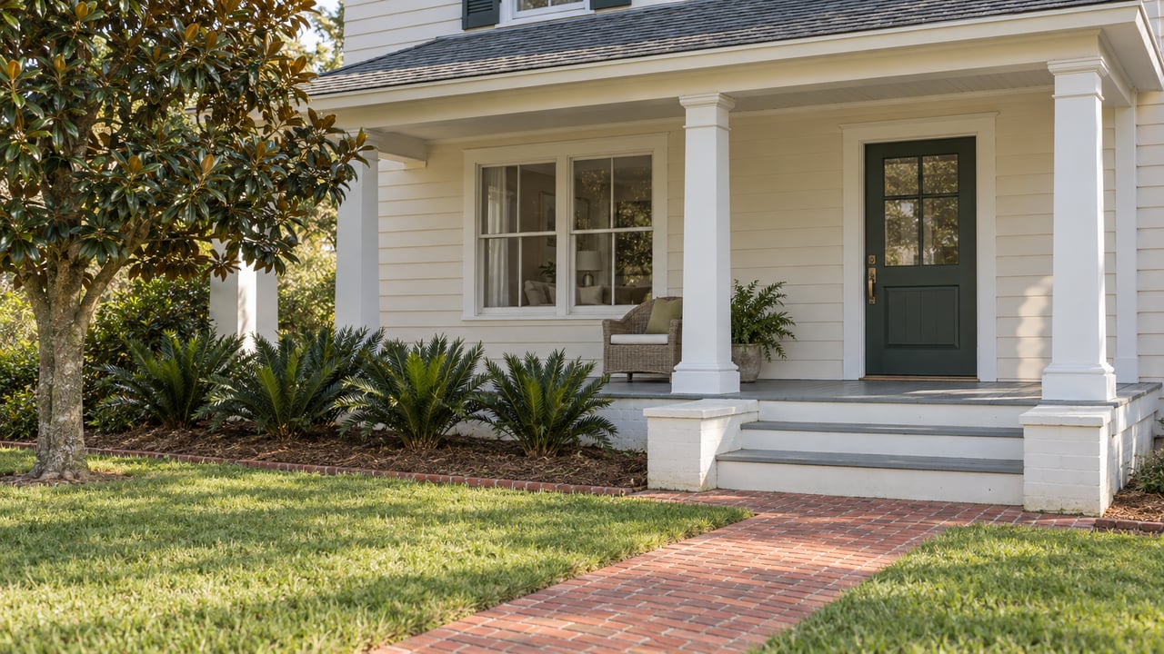 Morning light on an ivory clapboard home's raised porch, brick walk, lawn, magnolia and coontie planting.