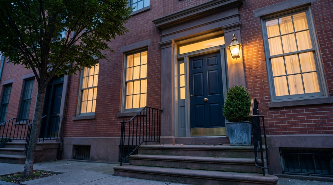 Brick rowhouse entry with a navy paneled door, brass lantern, worn stone stoop, and leafy street tree.