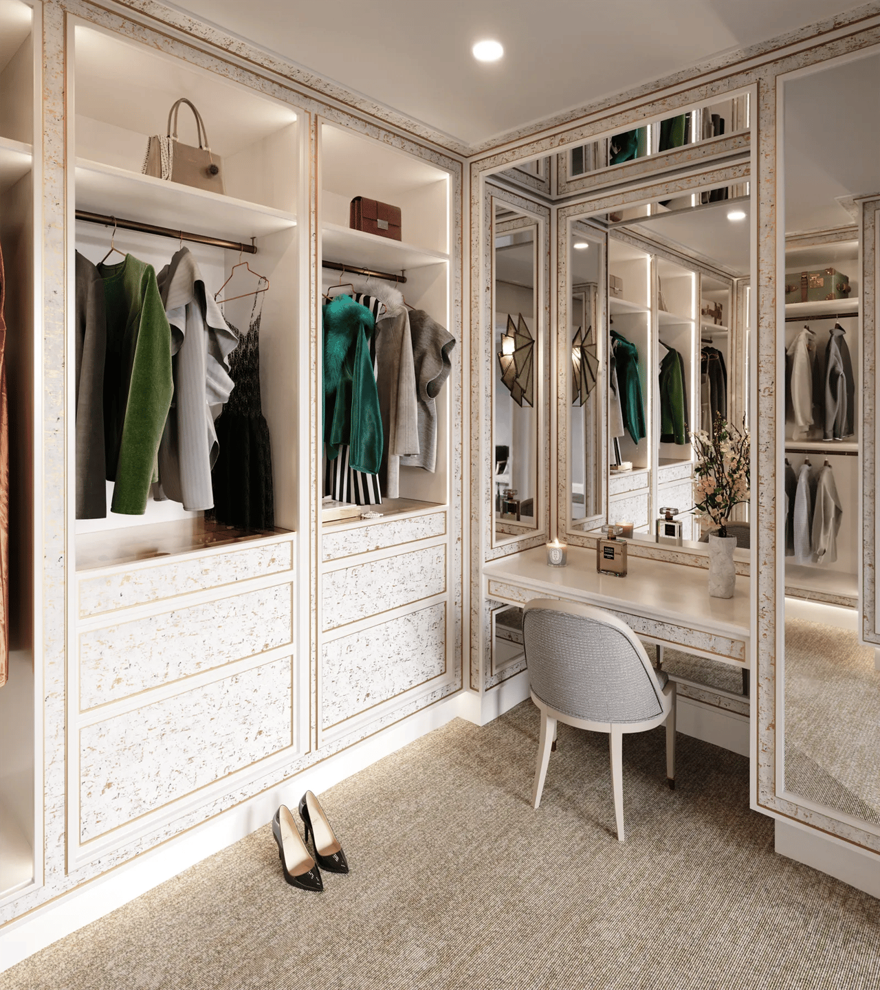 Walk-in closet with mirrored cabinetry, hanging clothes, and a vanity desk.