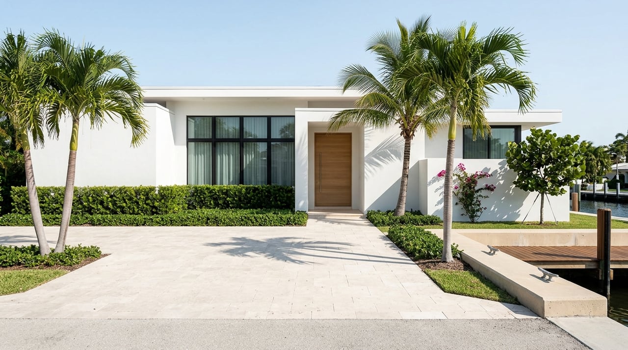 Coastal-contemporary luxury home facade with a glimpse of a canal-side dock.