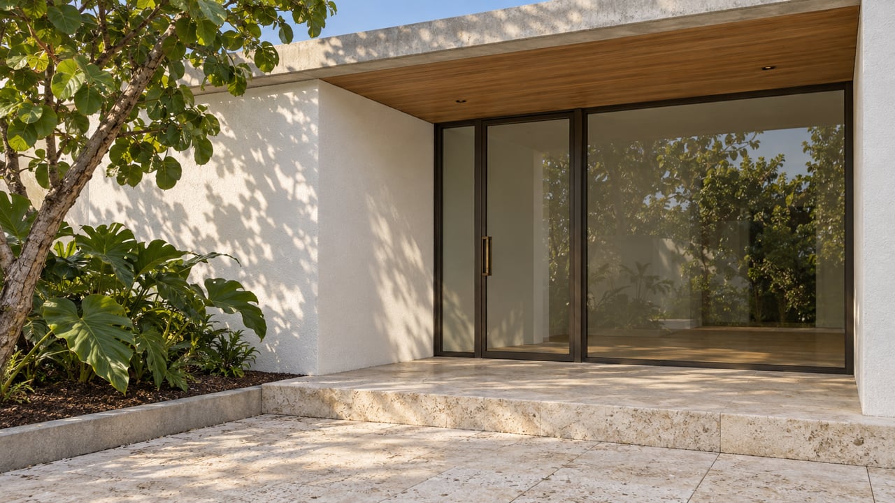 Modern home entrance with dark-framed glass doors, a wood-lined overhang, and tropical landscaping.