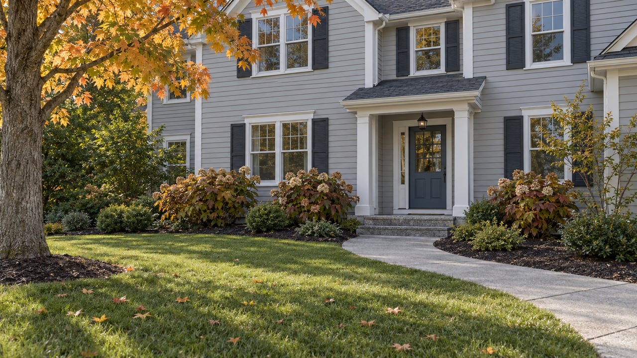 Gray clapboard house with white-trimmed windows, a blue front door and curved concrete walk across an autumn lawn beneath a sugar maple.