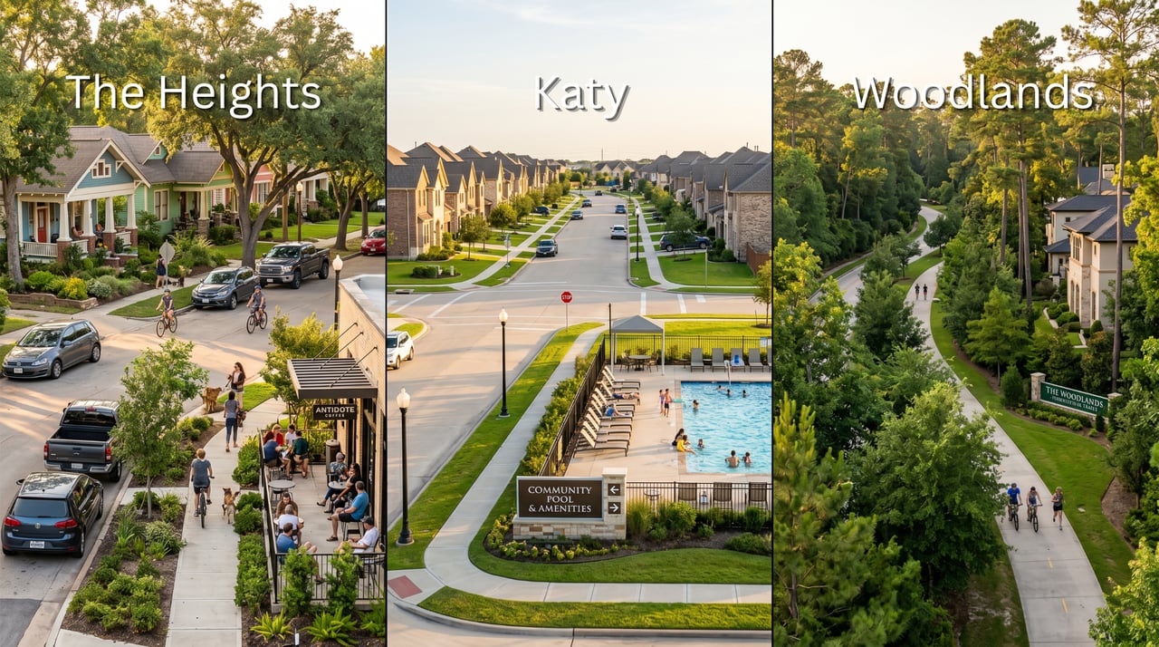 Triptych of Houston neighborhoods: The Heights craftsman homes with Antidote Coffee patio, Katy community pool and amenities sign, Woodlands wooded trail with signage