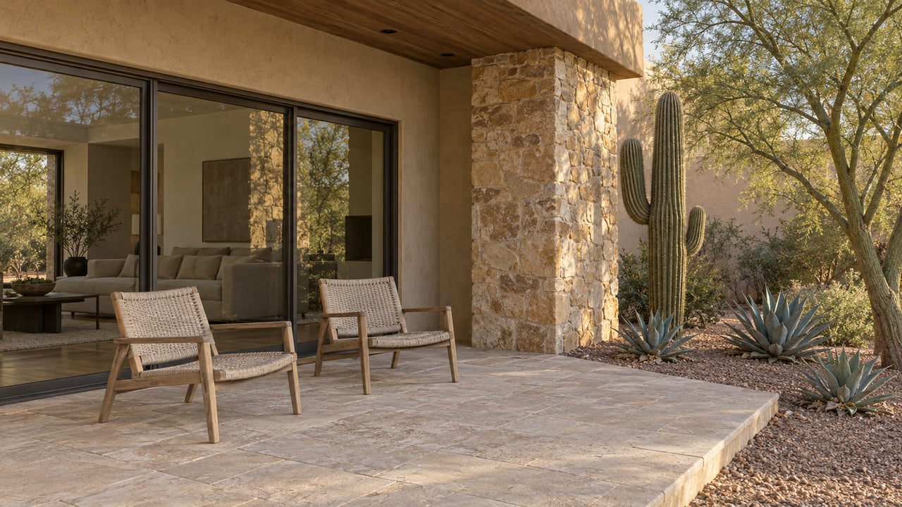 A shaded limestone terrace beside a sandy stucco and stone home, with bronze-framed glazing, teak chairs and sculptural desert planting.