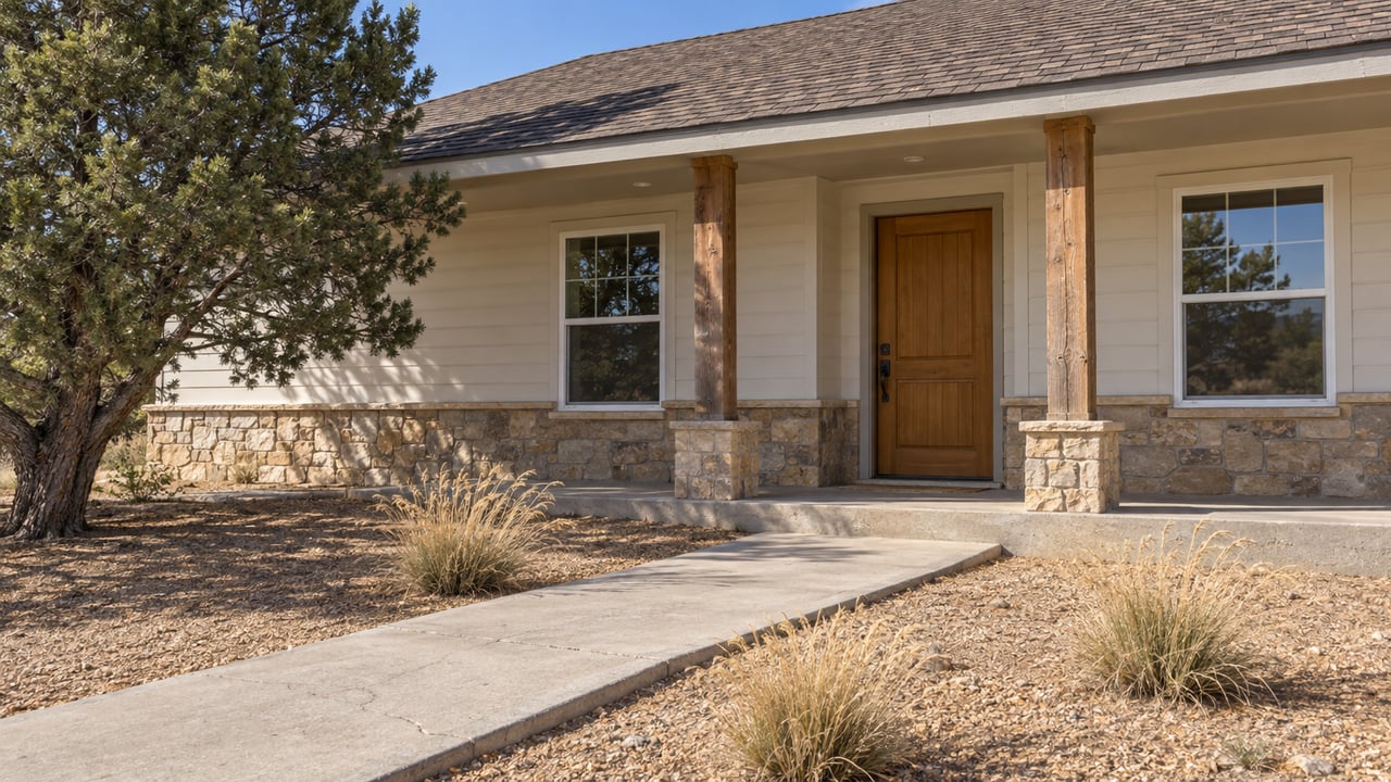 Sunlit single-story home with pale siding, stone foundation, cedar porch posts and a concrete approach through a dry planted front yard.