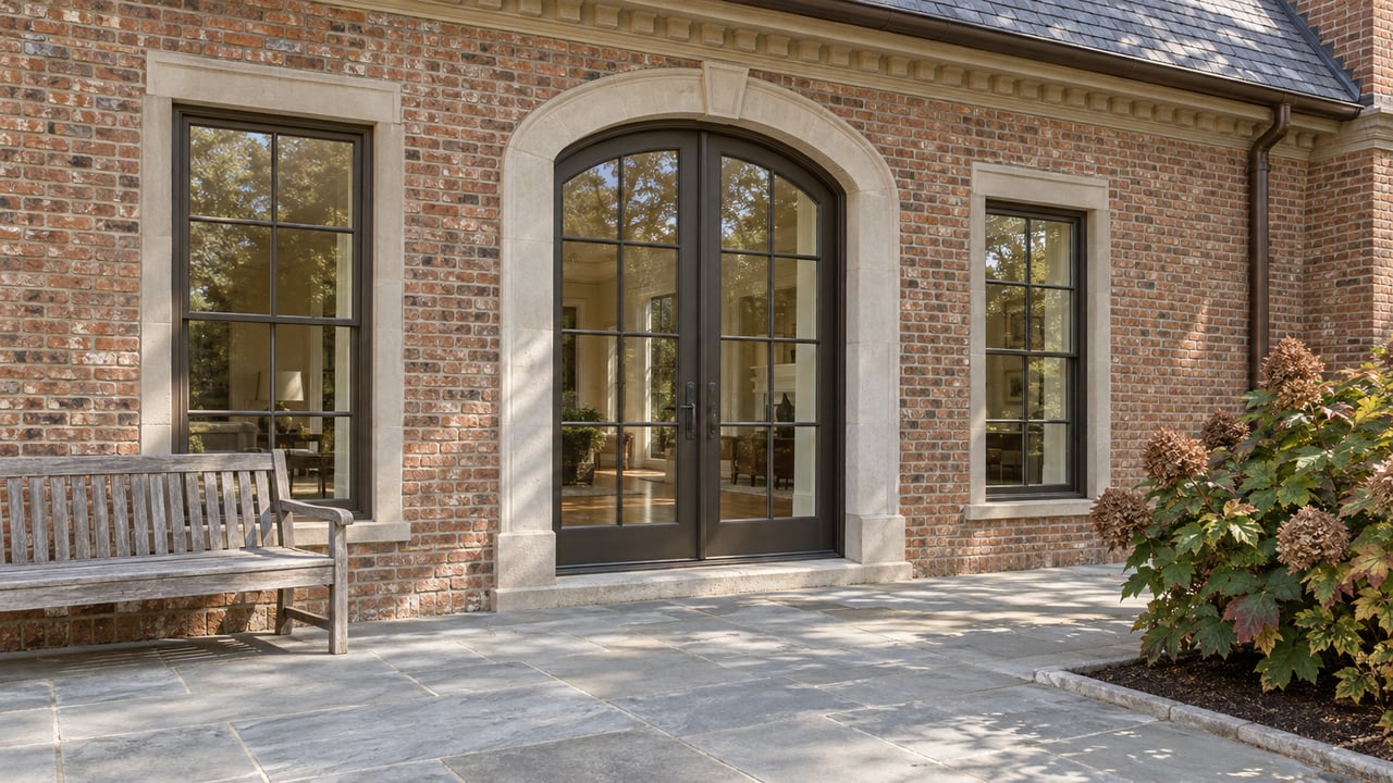 Brick home with limestone-trimmed arched French doors, a broad stone terrace, a weathered teak bench, and oakleaf hydrangea.