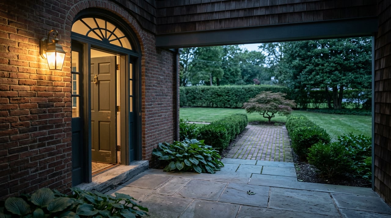 Open charcoal door with an arched fanlight, beside a glowing brass lantern and bluestone walkway.