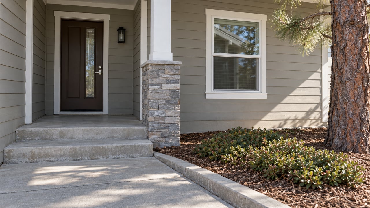 Recessed front entry with greige lap siding, a stone-clad porch support, concrete steps and a pine beside the walk.