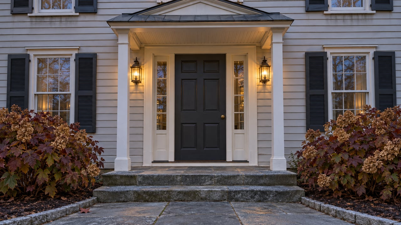 Evening light on a clapboard home's symmetrical portico, dark paneled door, bluestone steps and burgundy oakleaf hydrangeas.