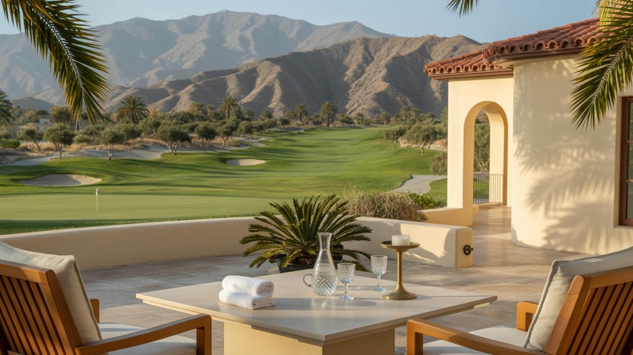 Golf course and mountain range beyond a sunlit patio with lounge chairs and a table.