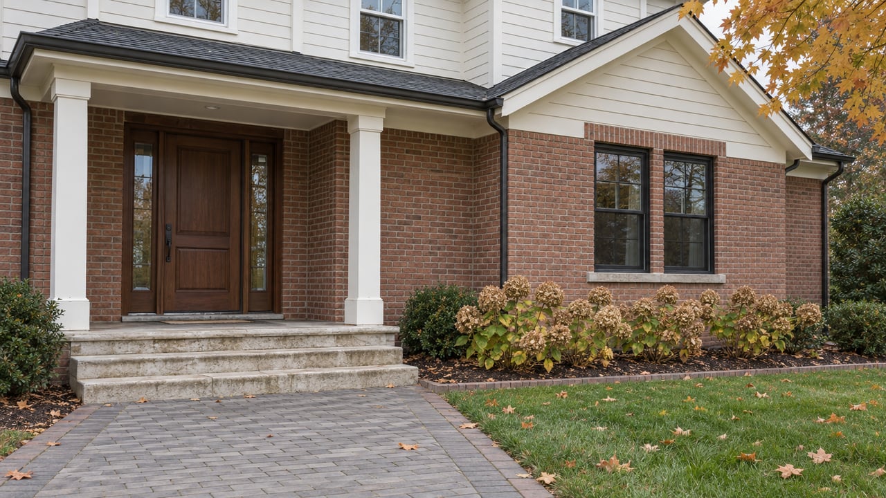 Updated brick and ivory clapboard home with a sheltered walnut front door, limestone steps and dried hydrangea blooms beside a green autumn lawn.