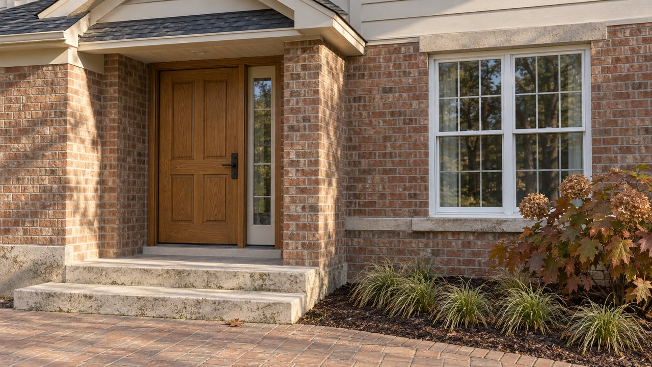 Morning light on a brick home's oak entry door, limestone steps and oakleaf hydrangea with autumn foliage.