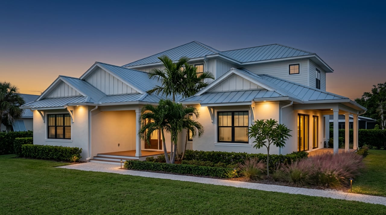 Two-story coastal home at dusk, with warm low lights beneath deep eaves and palms silhouetted against an indigo sky.