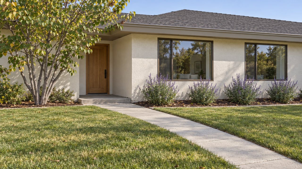 Light stucco single-story home behind a deep front lawn, with a concrete entry walk, dark-framed windows and a sculptural redbud tree.