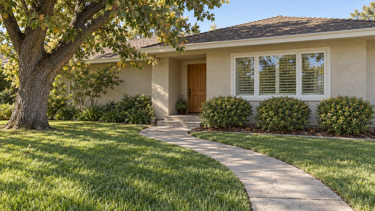 Single-story stucco home with a low shingled roof, white shutters, deep green front lawn and a mature oak beside the entry walk.