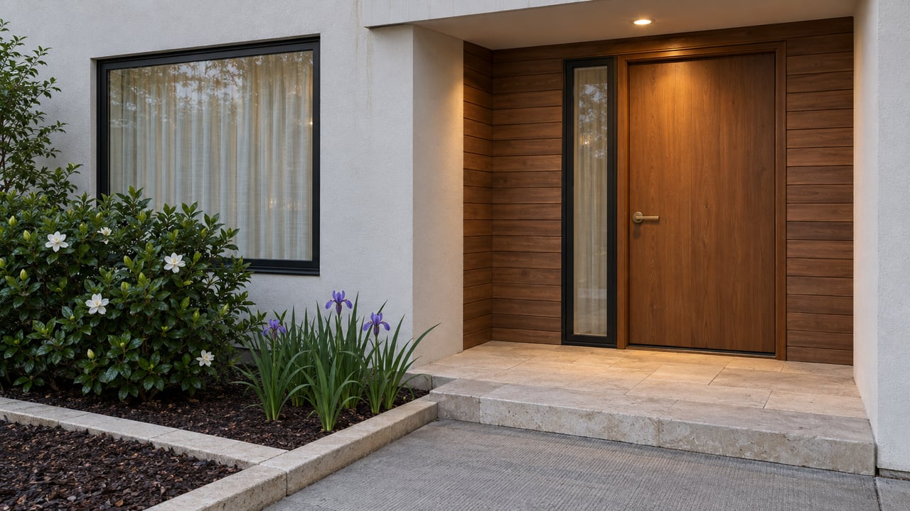 Contemporary home entry with cedar door and cladding, pale stucco, a limestone porch and a small planted bed in soft evening light.