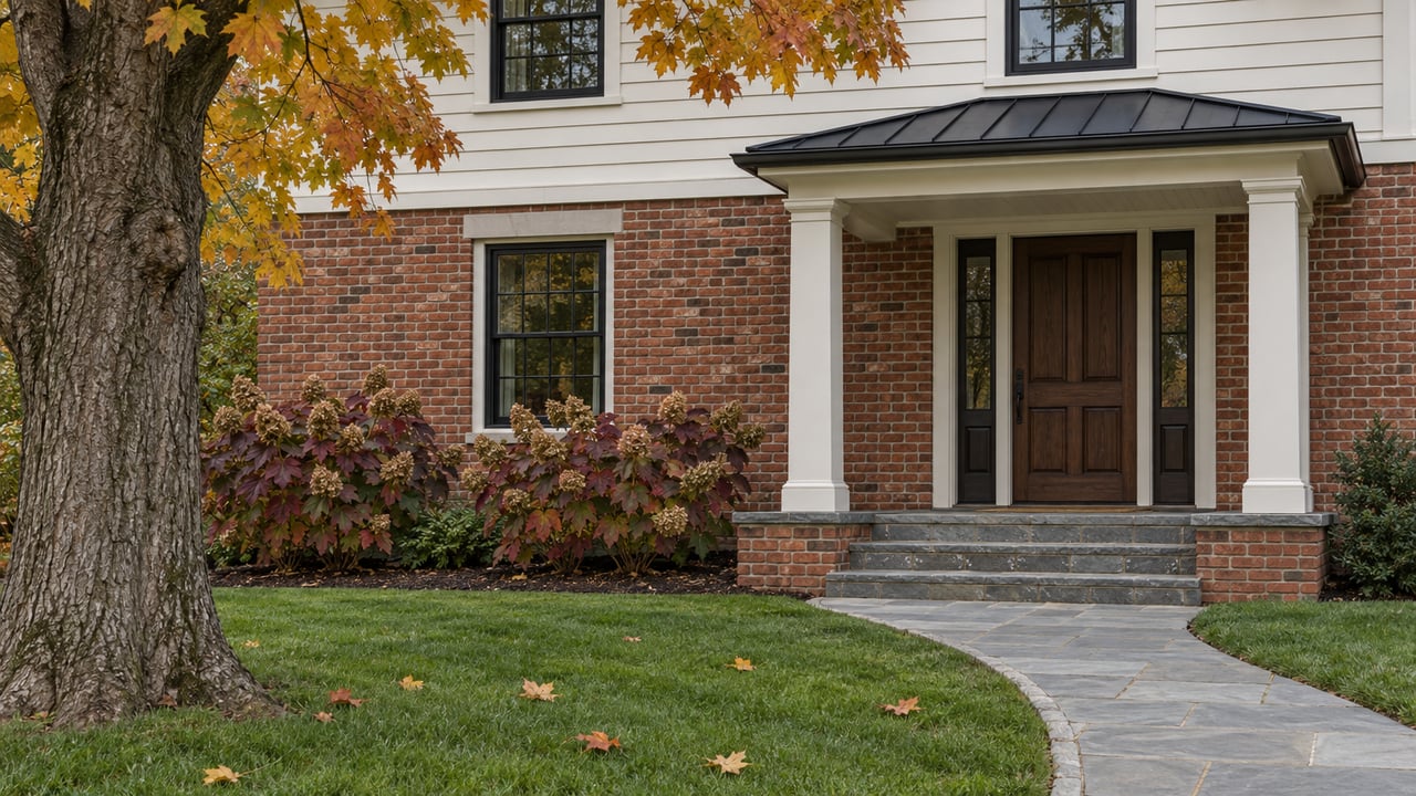 Brick and white-clapboard home with a roofed entrance, bluestone steps and autumn planting beside a deep front lawn.