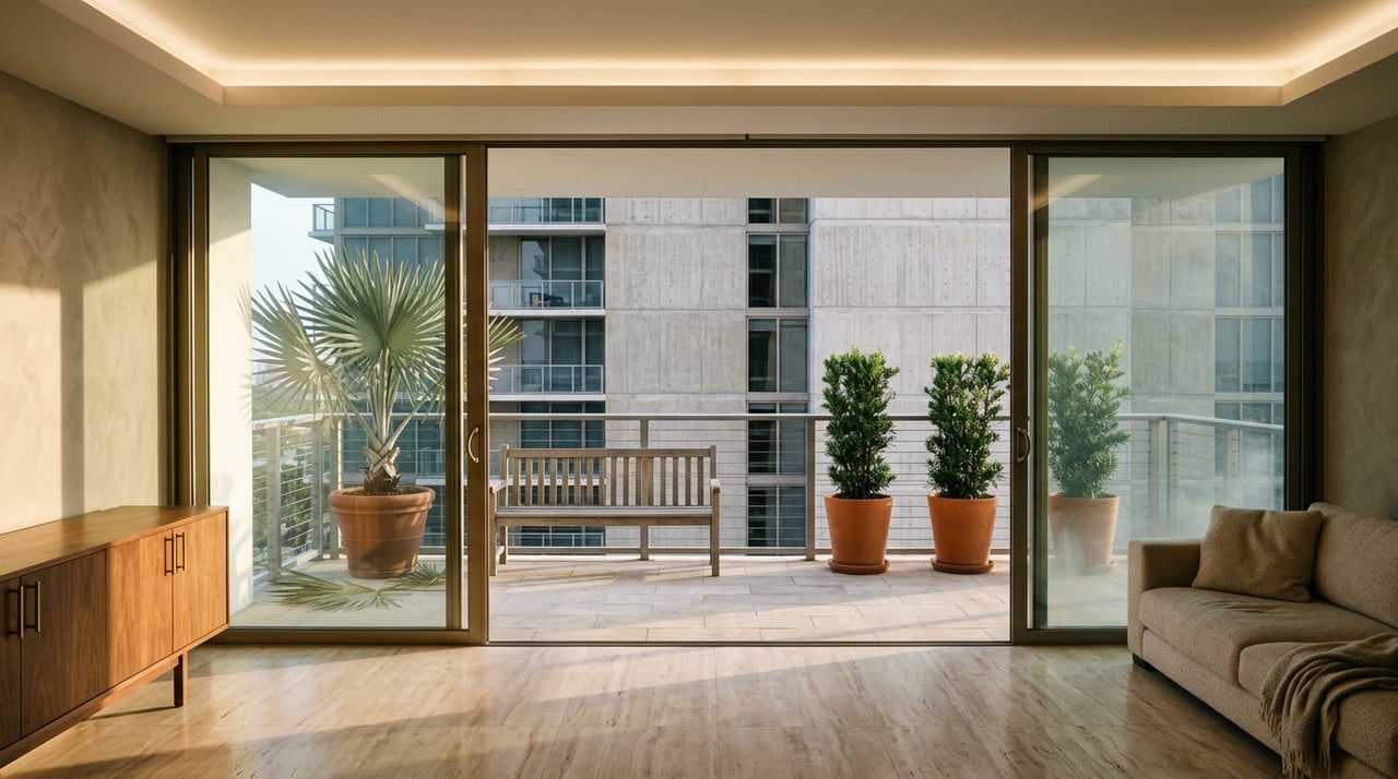 Living room opens onto a limestone terrace with a fan palm and neighboring tower.