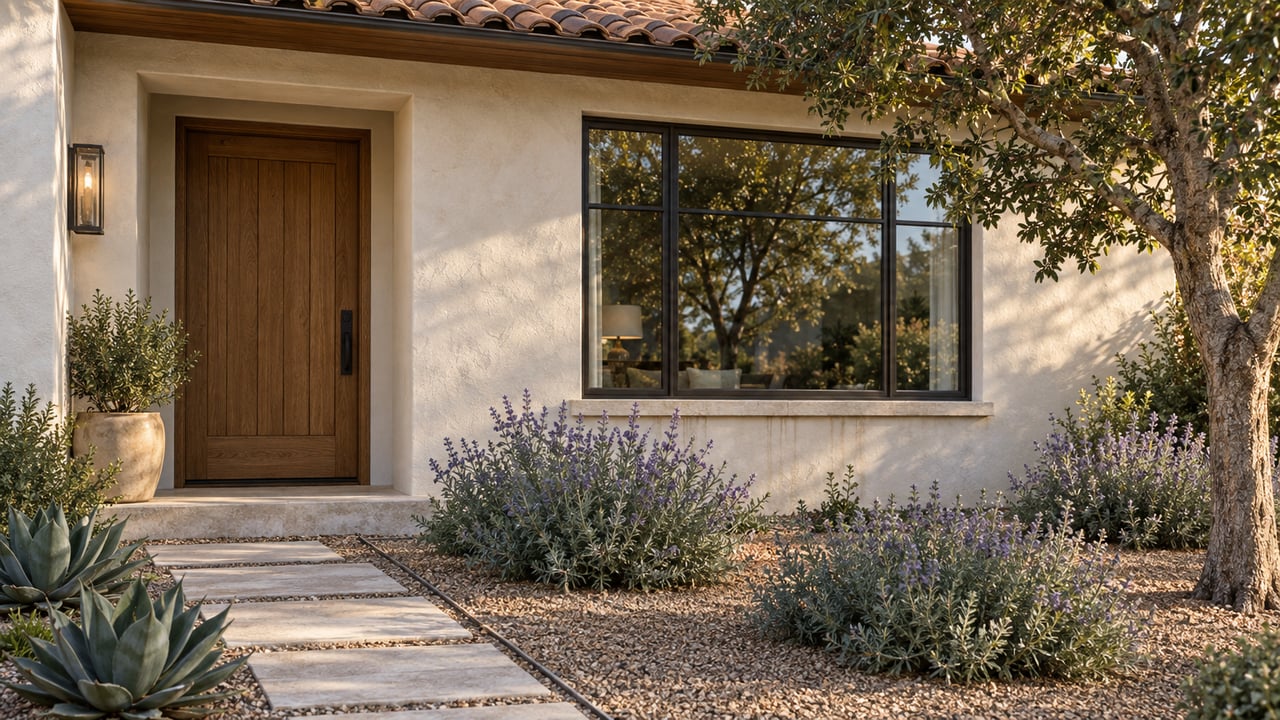 Cream stucco home with oak entry, bronze-framed window, limestone path, and drought-tolerant planting.