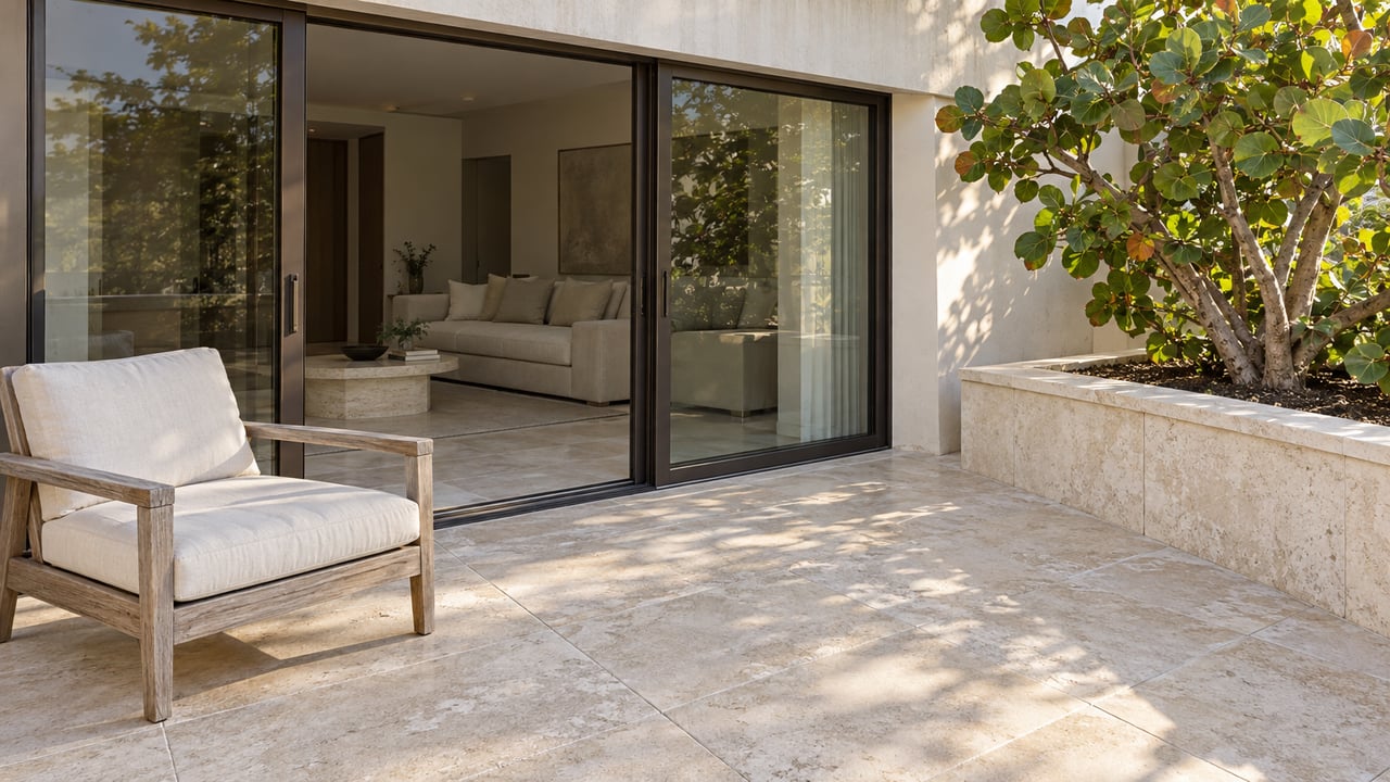 Morning light on a limestone residential terrace with a teak lounge chair, sea-grape planter and bronze-framed glass doors.