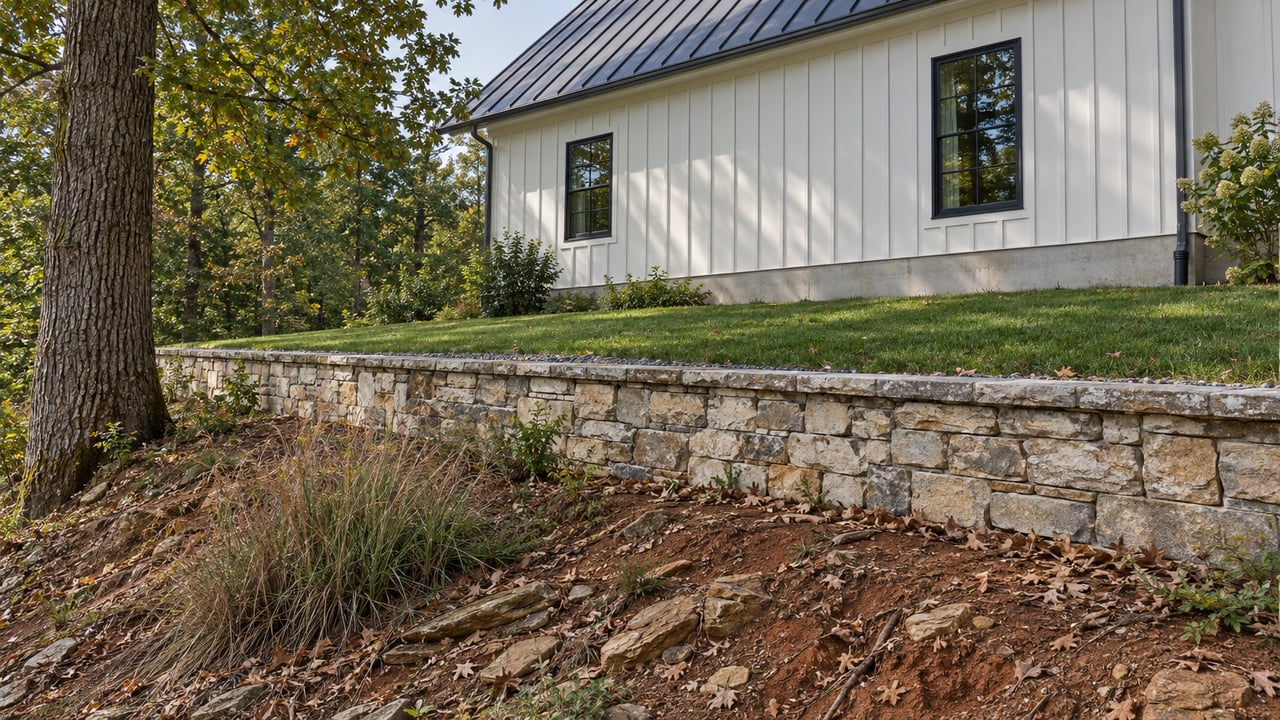 Limestone retaining wall above a clay slope, with a level lawn shelf beside a white gabled house.