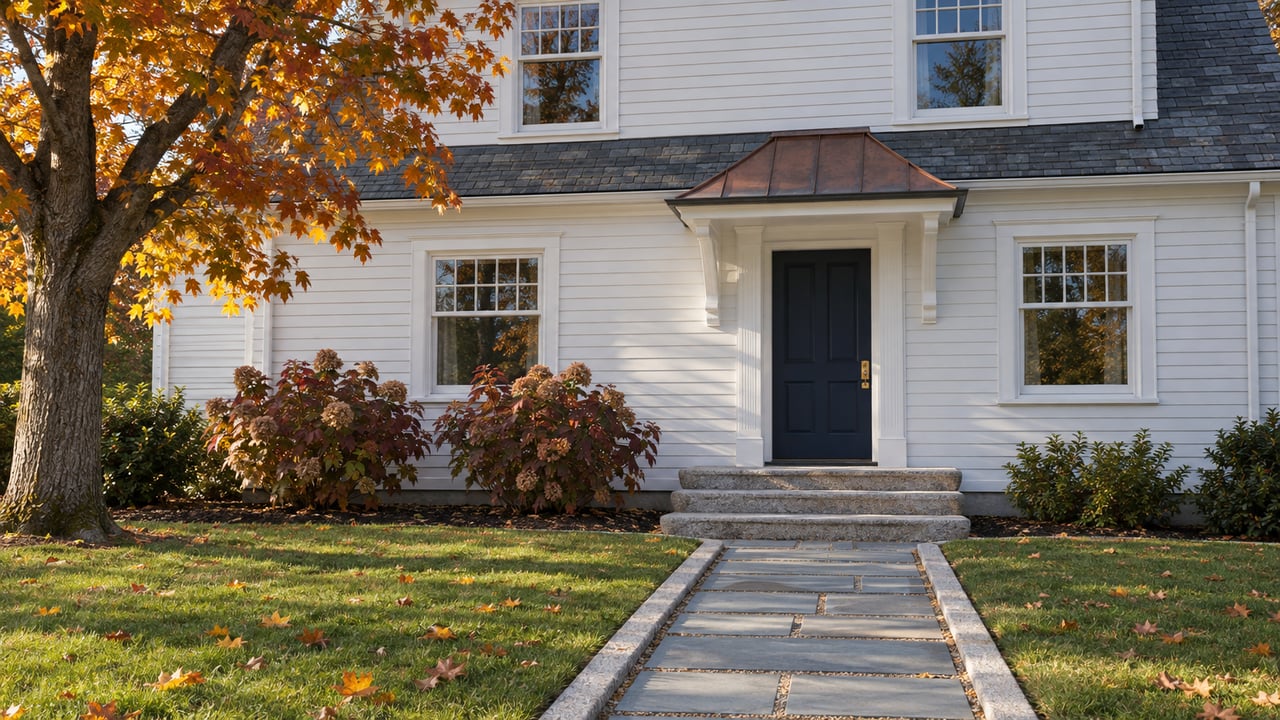 White clapboard home with a navy front door, granite steps, slate roof, and autumn maple leaves beside a bluestone approach.