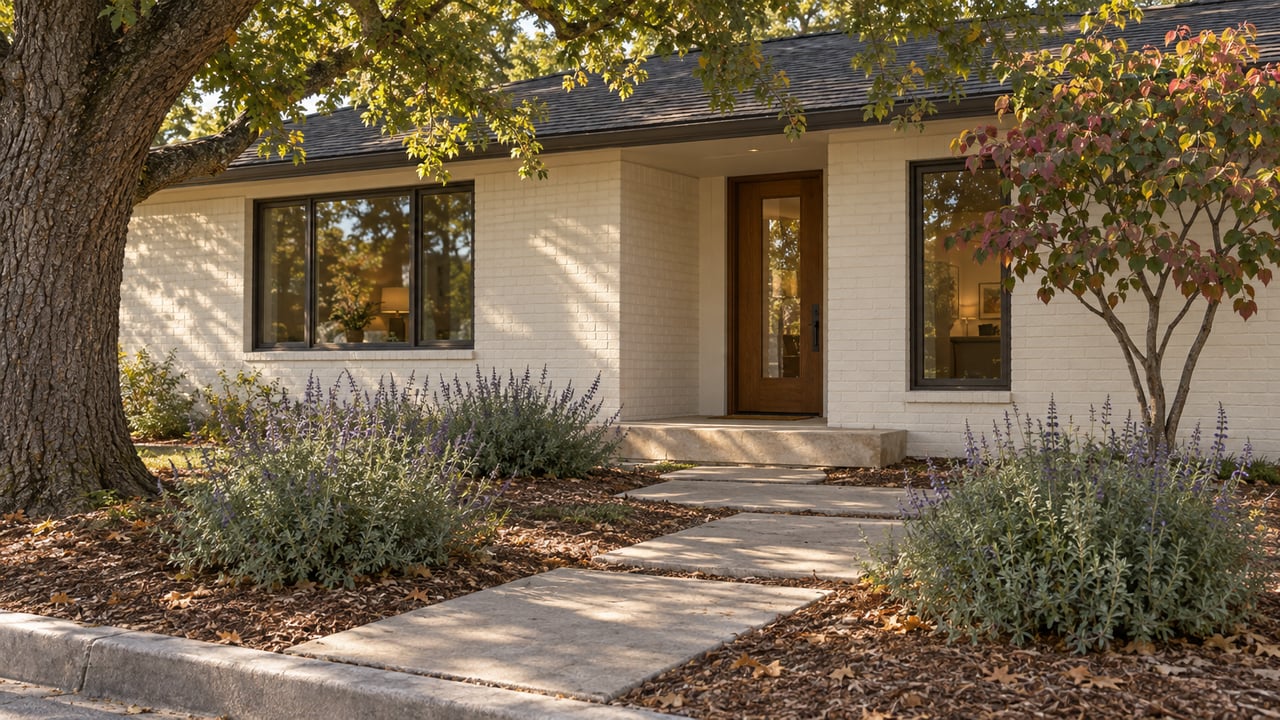 Ivory brick house entry beyond concrete stepping slabs, with oak canopy, bronze-framed windows, and a planted garden.