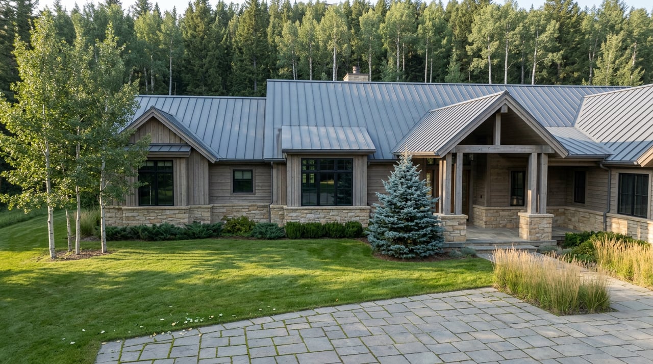 Estate home with buff sandstone and gray cedar facade, framed by lawn, spruce, and aspen trees.