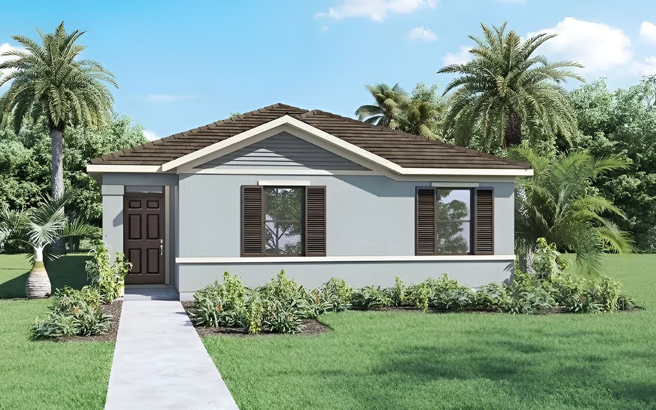 Single-story home with a brown roof, dark front door, and tropical landscaping.