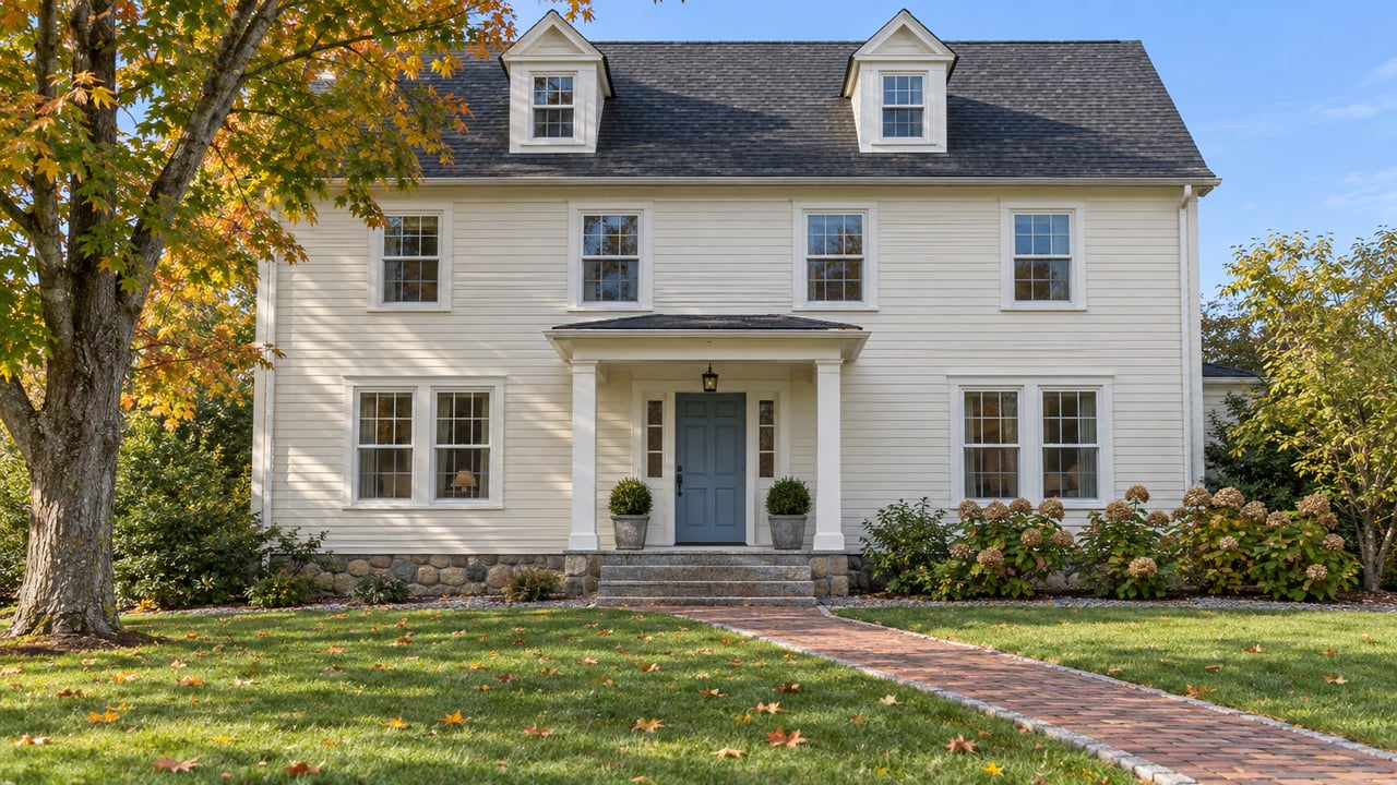 Cream clapboard house with a blue front door, granite entry steps and a deep lawn beneath an amber-leaved maple.