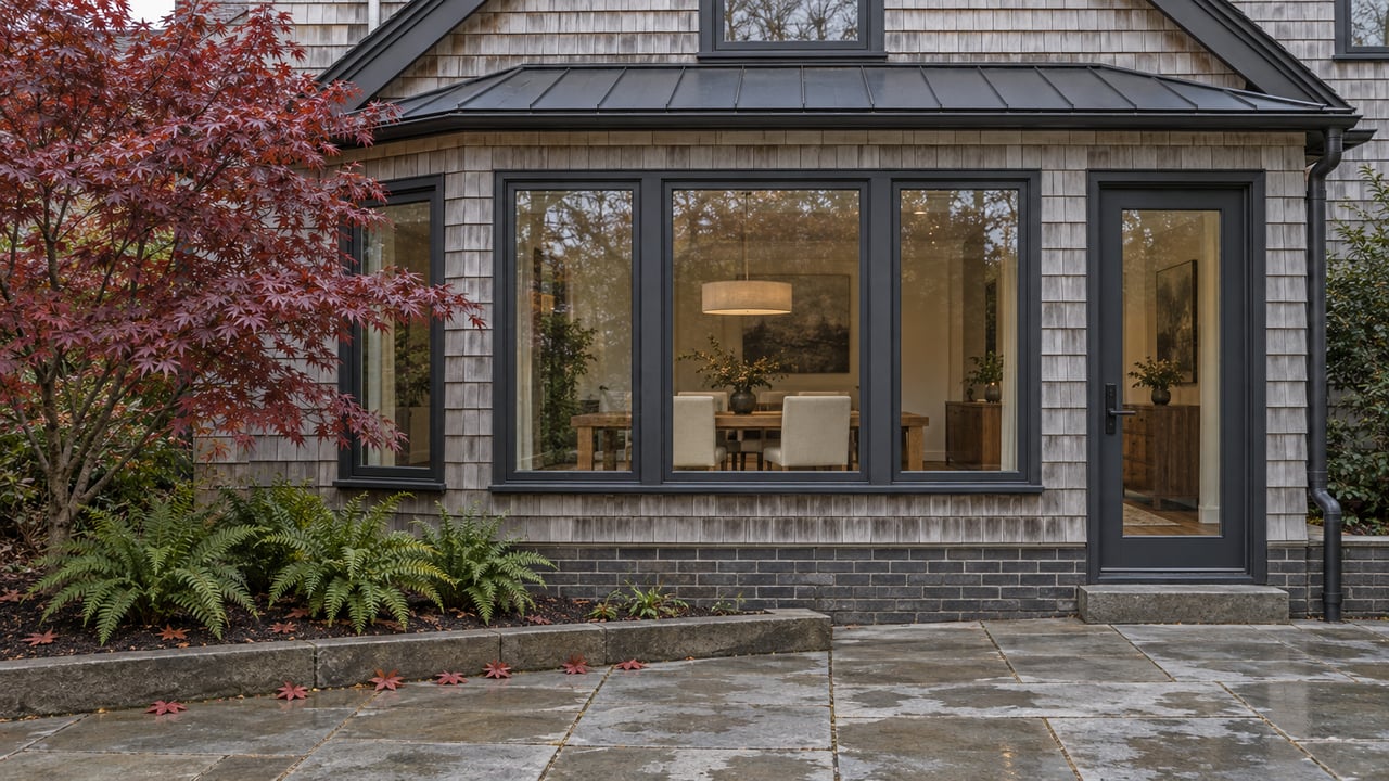 Weathered cedar-shingle home with a glazed dining bay, damp sandstone terrace, burgundy Japanese maple and sword ferns.