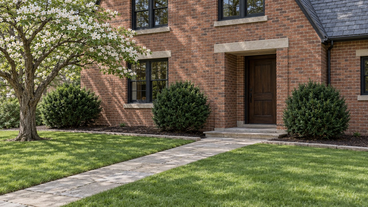 Red-brown brick house with a recessed oak door, limestone walk, broad lawn, and flowering dogwood.