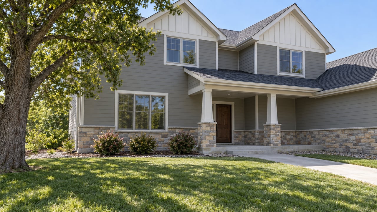 Two-story gray house with a stone facade, covered porch, and mature shade tree.
