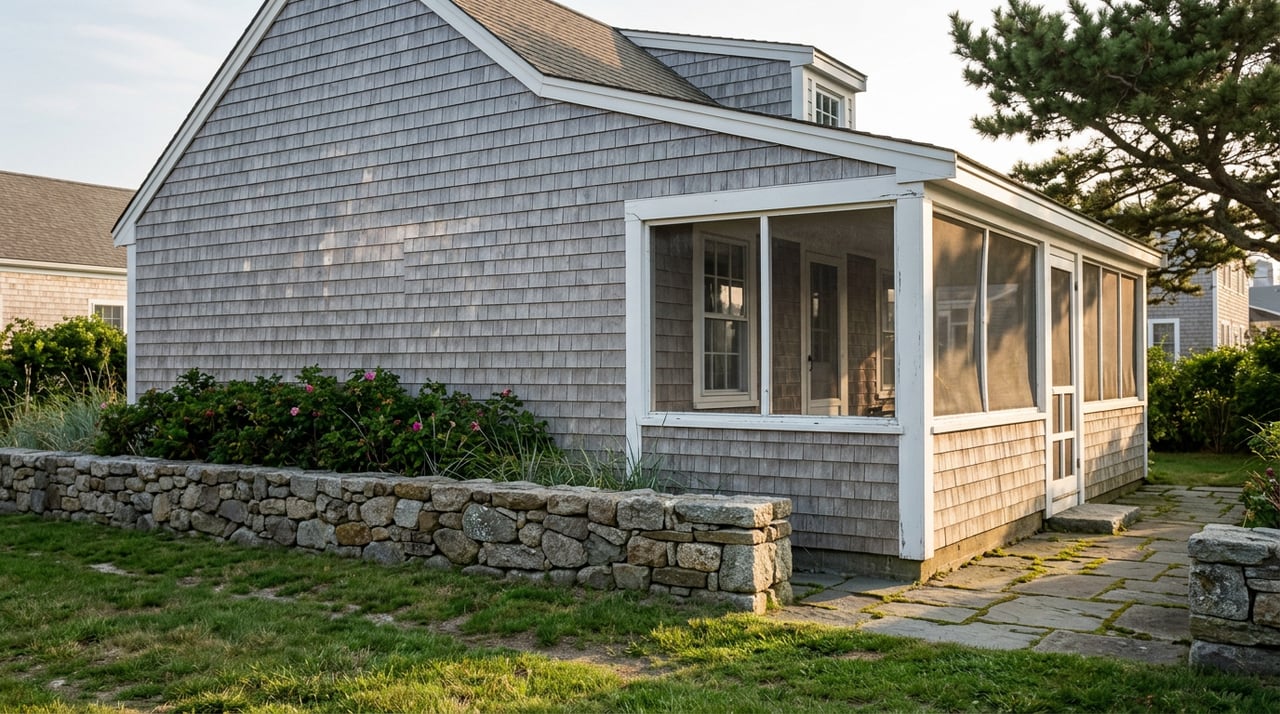 Silver-gray shingle cottage with a screened porch, bluestone path, and low stone wall beneath a pine canopy.