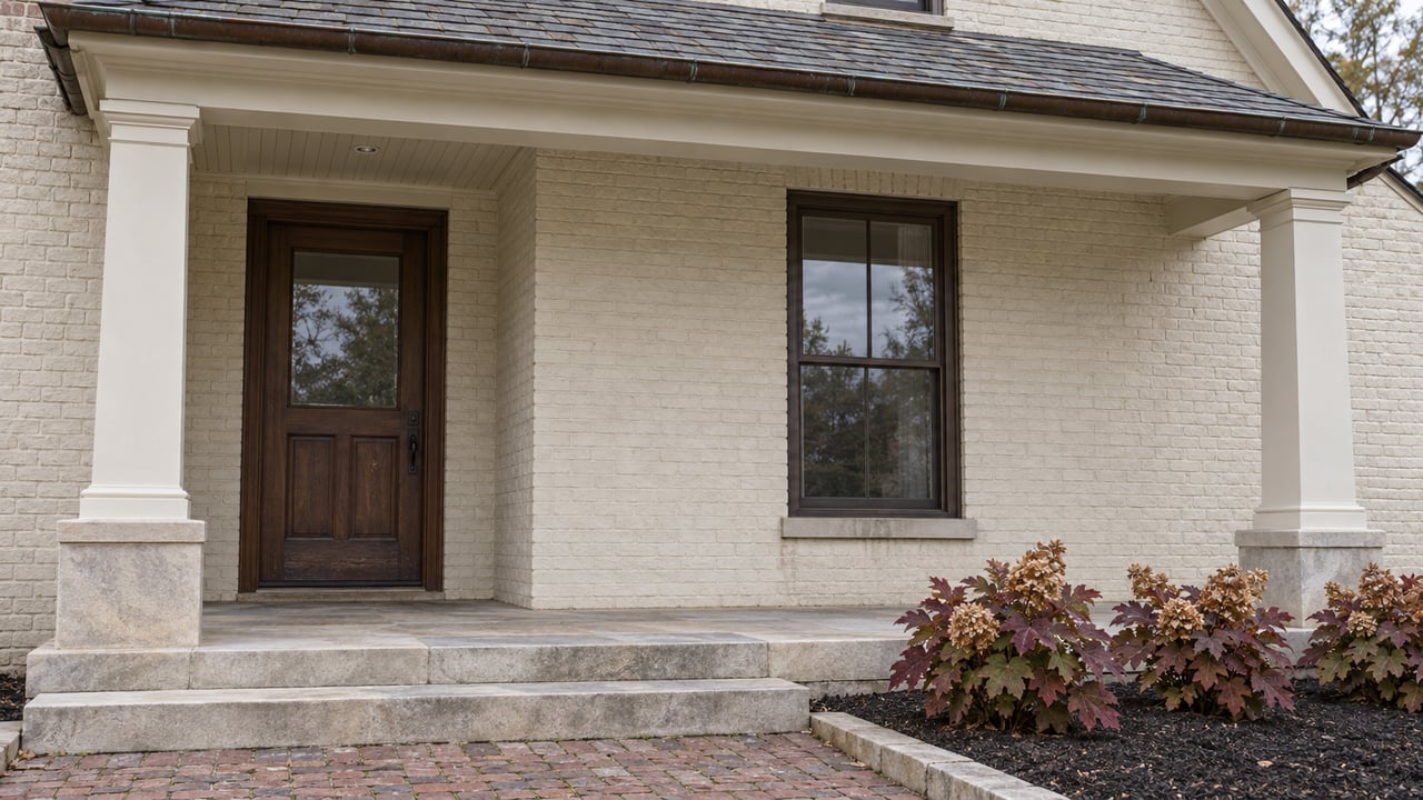 Ivory brick home with a walnut front door, dark window trim, weathered limestone porch steps and burgundy oakleaf hydrangeas.