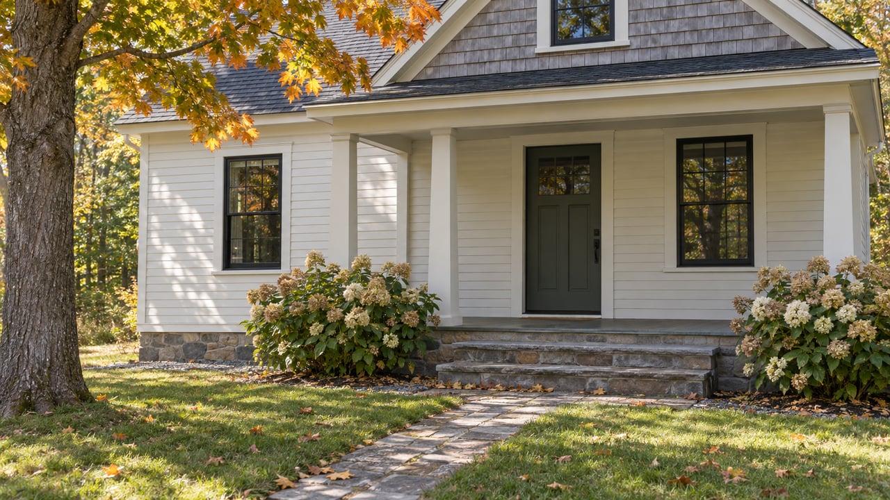 Warm-white clapboard house with a dark sage door, stone steps, and an amber maple canopy.