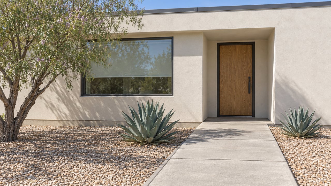 Single-story stucco home with a recessed oak entrance, dark-framed picture window, and concrete approach through desert planting.