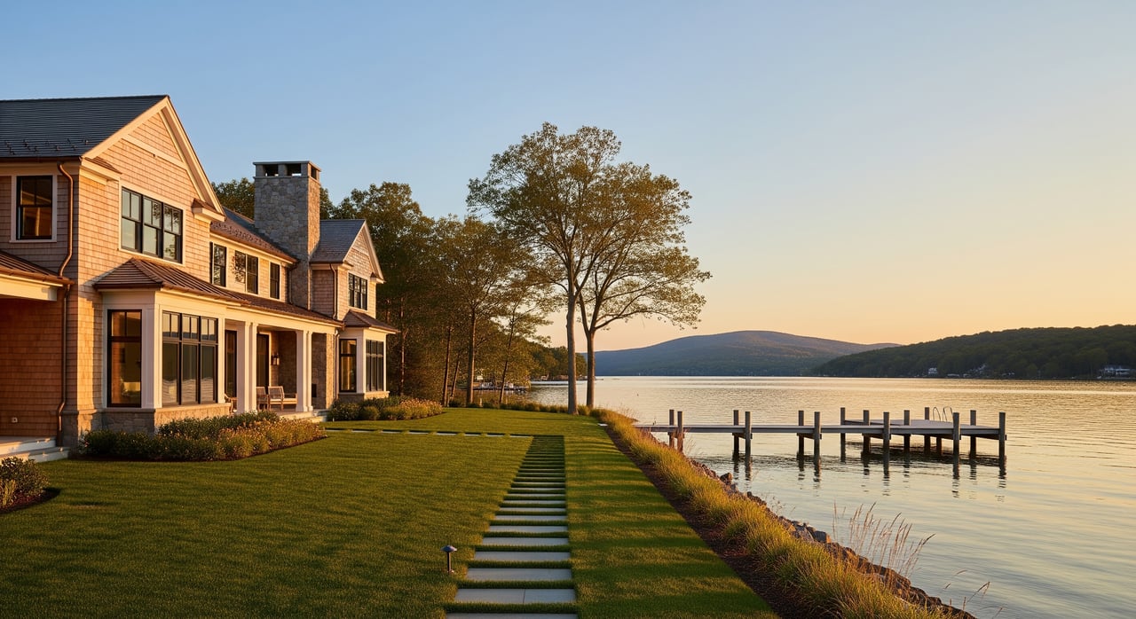 Shingled lakeside house beside a lawn path and wooden dock, with wooded hills across the water.