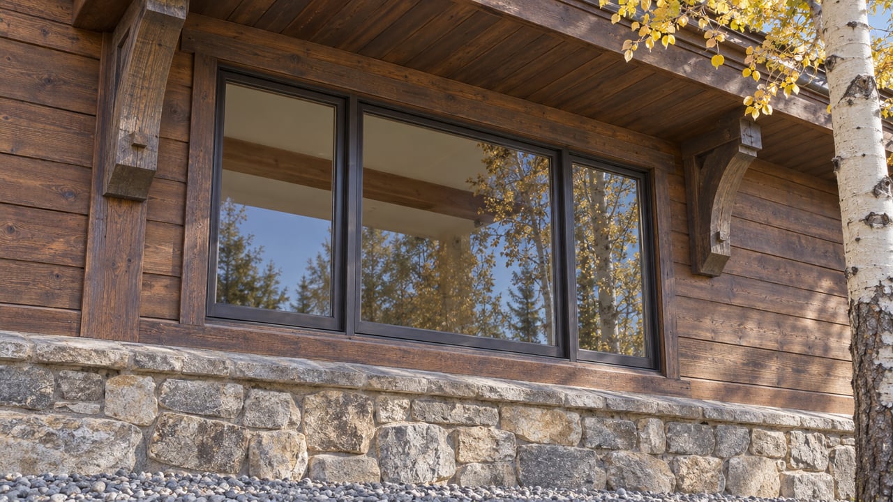 Sunlit timber window bay with bronze-framed glass, a rough stone foundation and golden aspen leaves.