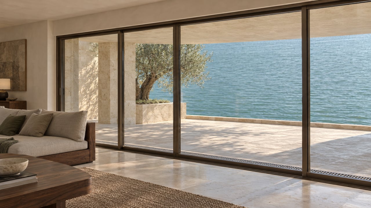 Living room with bronze-framed glass doors opening onto a limestone terrace, olive tree, and glimpse of water.