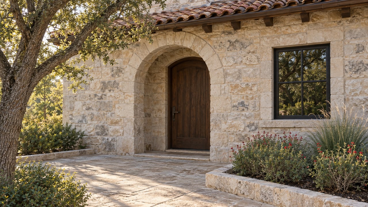 Limestone home entry with an arched oak door, black steel window, clay roof tiles and a planted stone terrace in soft morning light.