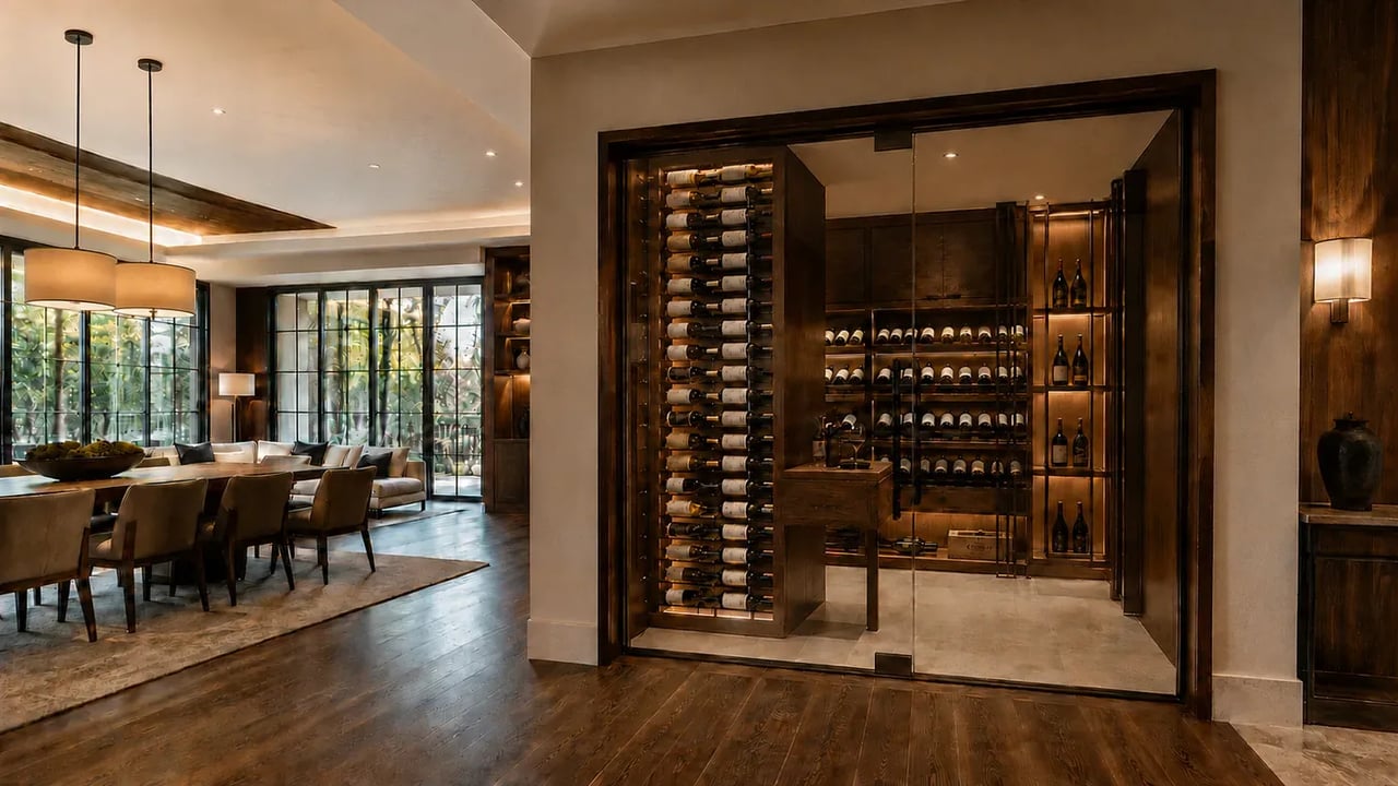Dining room beside a glass-enclosed wine cellar with illuminated wooden bottle racks.
