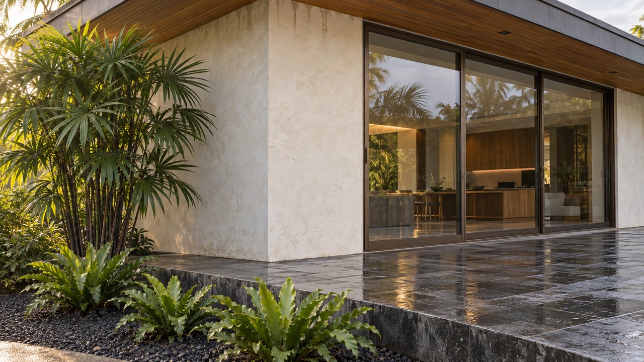 Pale plaster house corner with bronze-framed glass doors, basalt terrace, and a palm beside volcanic gravel.