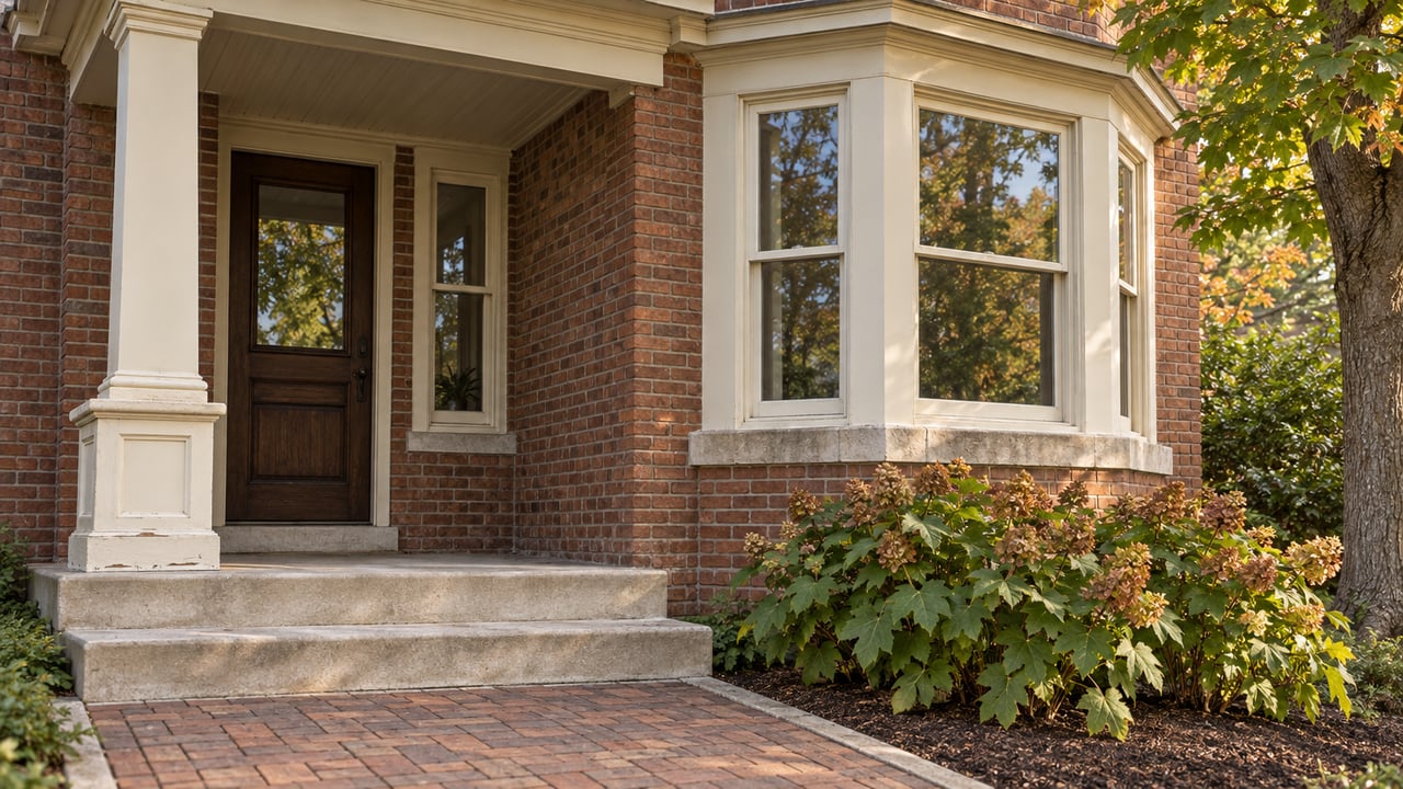 Red-brick house entrance with a columned porch, bay windows, stone steps, and autumn shrubs.