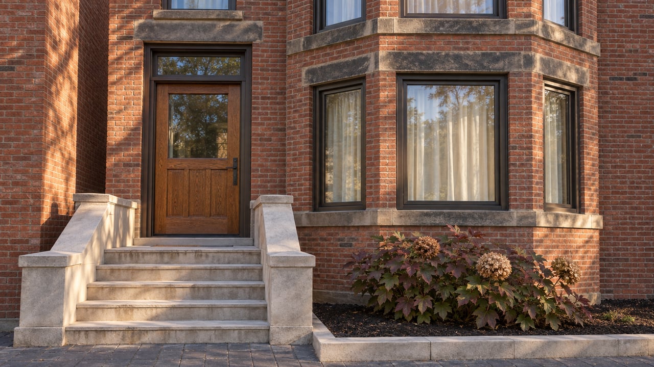 Morning sunlight on a renovated red-brick home's bronze-framed bay windows, oak entrance, limestone stoop, and autumn oakleaf hydrangea.