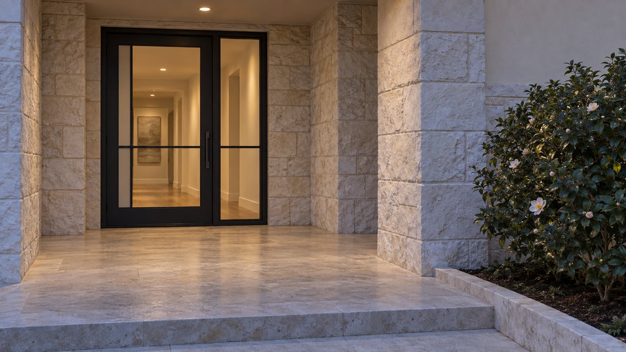 Recessed black steel-and-glass entry door beside a limestone pier, with warm light glowing through the glass.