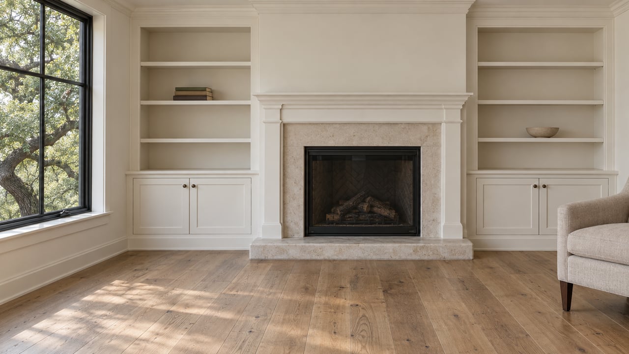 White fireplace and paired built-in shelves in a daylight-filled living room with oak floors, a limestone hearth and a linen chair.