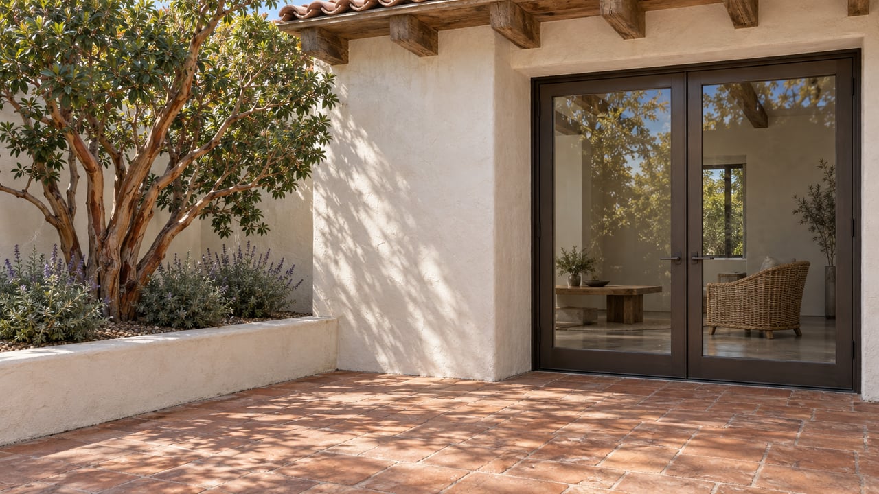 Sunlit terracotta courtyard beside a white stucco home, with timber eaves, bronze-framed glass doors and a sculptural strawberry tree.