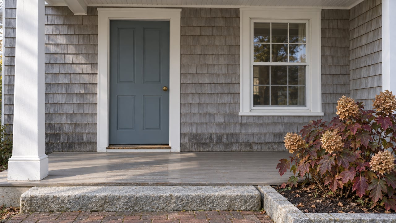 Close view of a cedar-shingled home's covered entry, blue-gray door, white sash window and worn granite step beside autumn oakleaf hydrangea.
